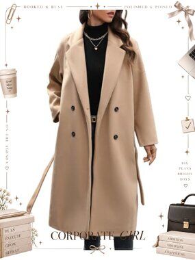 Women's Winter Wool Blend Coat Double Breasted Notch Lapel Long Trench
